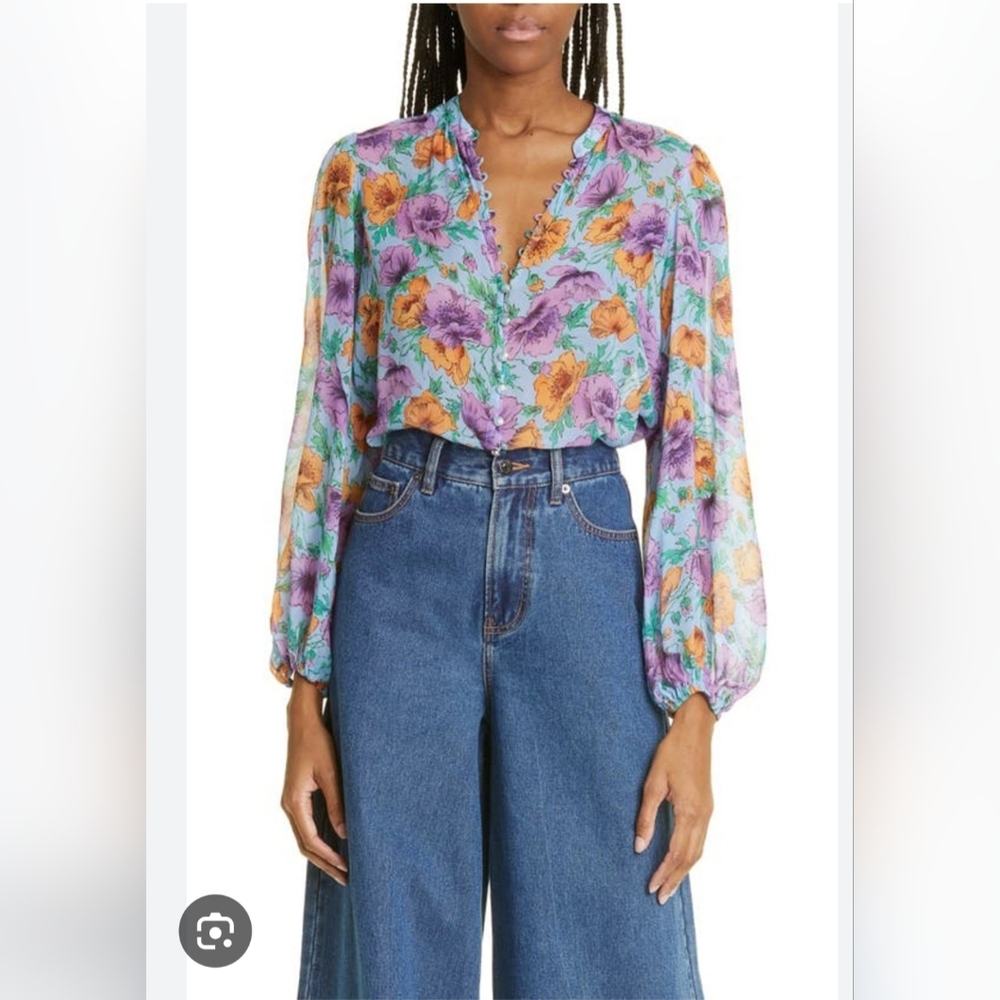 Veronica Beard Syden Silk Floral Blouse Lake Blue Multi Size 10 100% Silk